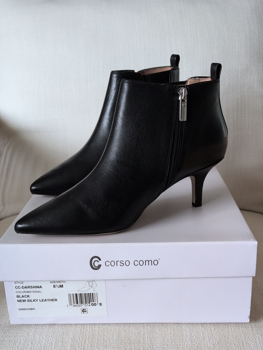NEW With Corso Como  Box Black Darshina Leather Pointed Kitten Heel Ankle Boots